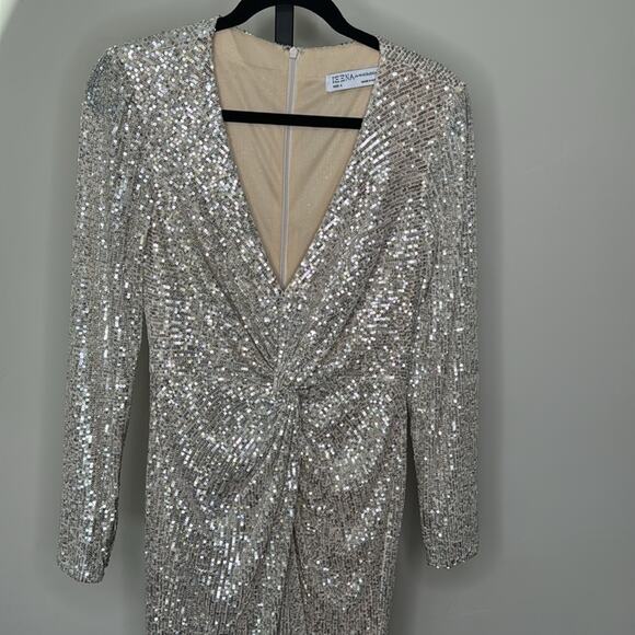 NWT IEENA for MAC DUGGAL Nude Silver Sequin Knotted Long Sleeve Midi Dress Women - Picture 4 of 11